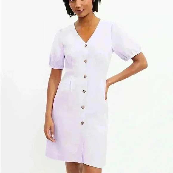 NWT Loft Ann Taylor lilac purple Button V-Neck Dress sz 14 - Picture 1 of 11